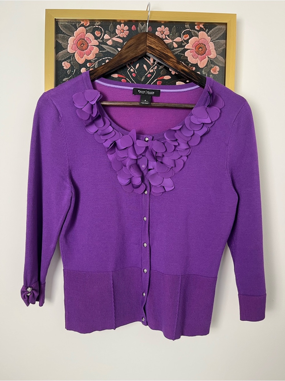 White House Black Market Purple Petal-Trim Button Cardigan